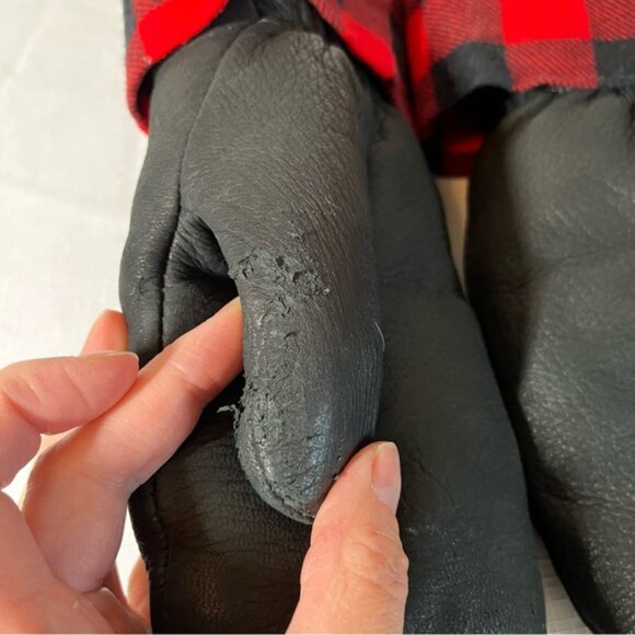 HIDES IN HAND Deerskin Black Leather Mittens with Red Plaid Cuff Small Medium - Picture 6 of 8